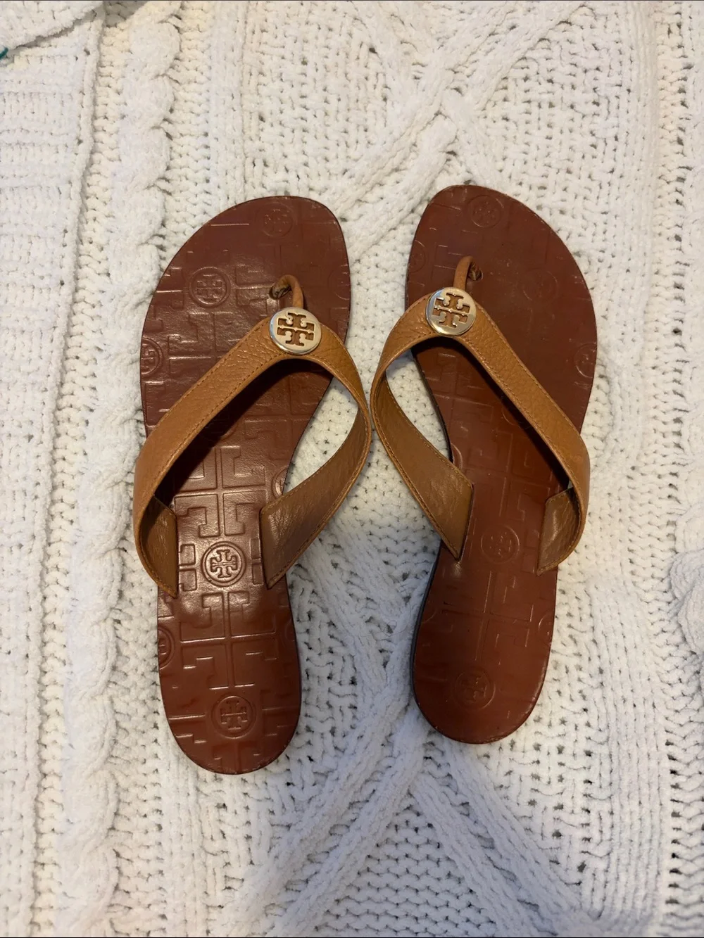 Tory Burch Tan/Brown Leather Logo Flip Flop Sandals